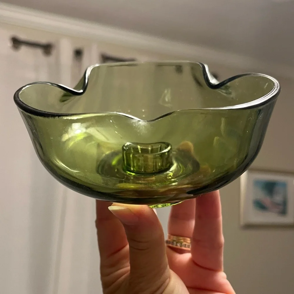 Vintage Anchor Hocking Avocado Candlestick Bowls Set of Two